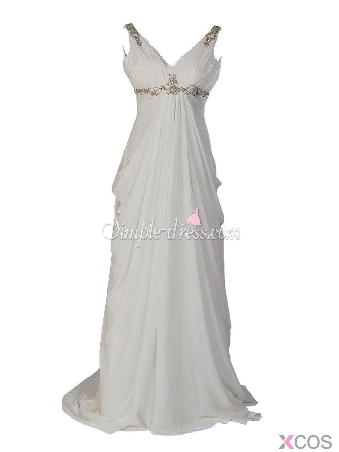 Simple Dress Elegant V Neck Beaded Backless White Chiffon Long