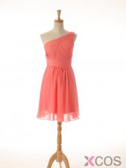 Simple Dress A-line One-shoulder Ruched Knee-length Chiffon Bridesmaid Dress CHBD-7369