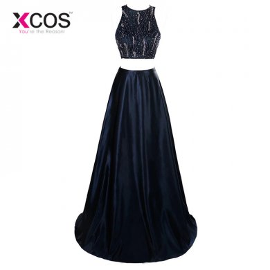 Robe De Soiree Luxury Navy Blue Evening Dresses 2016 New Arrival 2 Pieces A Line Puffy Beaded Long Prom Party Dresses SA840