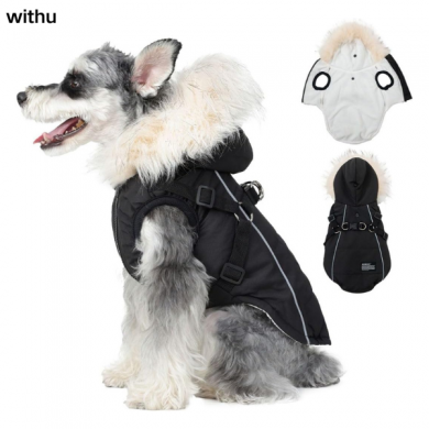 Withu Waterproof Fabric Dog Winter Coat with Faux Fur Hood and Reflective Strap