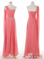 Simple-dress Elegant One-shoulder Beaded Long Chiffon Pink Bridesmaid Dress/Wedding Party Dress CHBD-70788