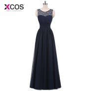 XCOS Navy Blue Long Evening Dress 2018 Real Picture Green Chiffon A-Line Sleeveless Beadings Evening Dresses Pleat Abendkleider