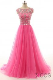 Hot Pink Beaded Long Zipper Modest Evening Prom Dresses ED0958