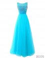Fashion Scoop Beading A-line Long Prom Dress Formal Evening Gown With Sash