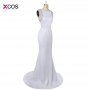 Modest White Mermaid Prom Dresses 2018 Long See Through Back Crystal Rhinestone Beaded Evening Gown Robe De Soiree
