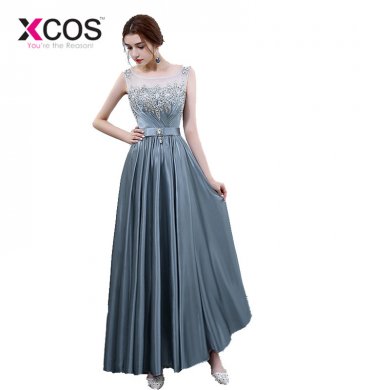 XCOS Grey Formal Beads Bodice Open Back A Line Long Evening Dress Party Pleated Elegant Vestido De Festa 2018 Party Prom Dresses