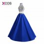 XCOS 2018 New Two Piece Prom Dresses Long Royal Blue Beaded Halter Vestido De Festa Formal Evening Party Gown A Line Women Dress