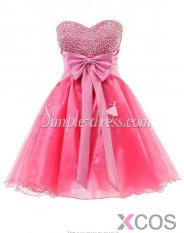 Simple-dress Discounted Strapless Beaded A-line Short Organza Ribbon 2015 Homecoming Dresses/Party Dresses ORHD-70833