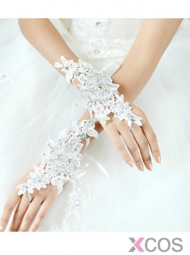 White Appliques Fingerless Bridal Gloves For Wedding Party