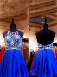 Royal Blue Beaded Halter Short Chiffon Homecoming Dress/Party Dress CHBD-70983