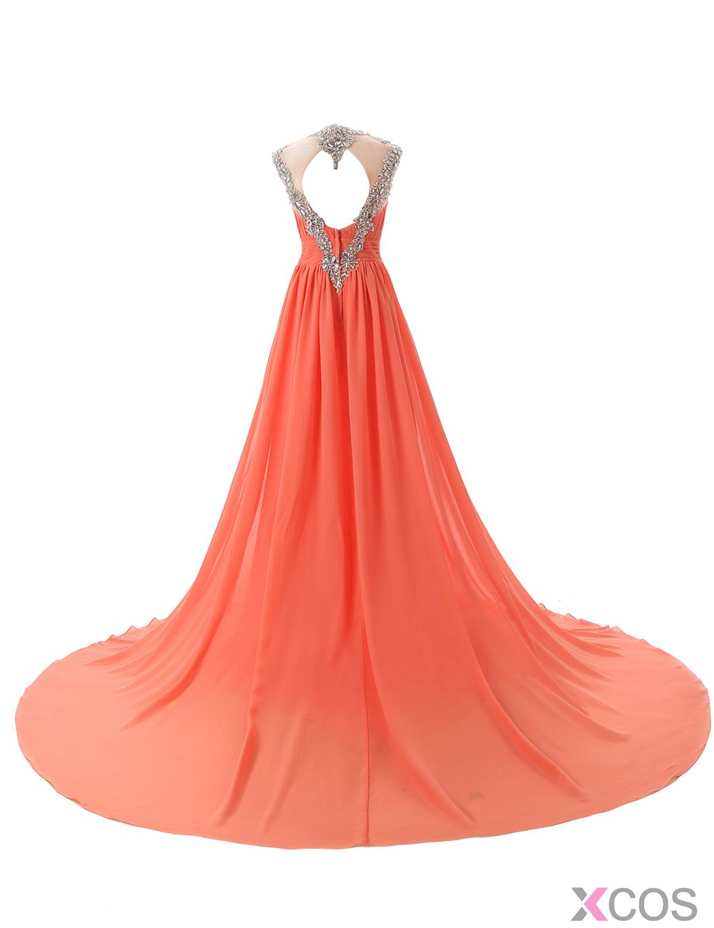 Sexy Aline Vneck Sweep Train Orange Prom Dress With Sequins [S_SDPD