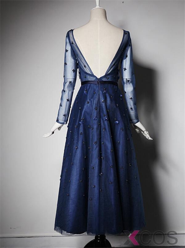 Elegant Long Mother of the Bride Dress- Full Sleeves Tulle Flowers